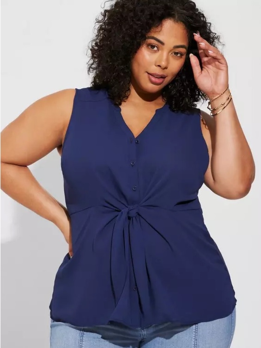 Sleeveless Tie-Front Blouse in Navy